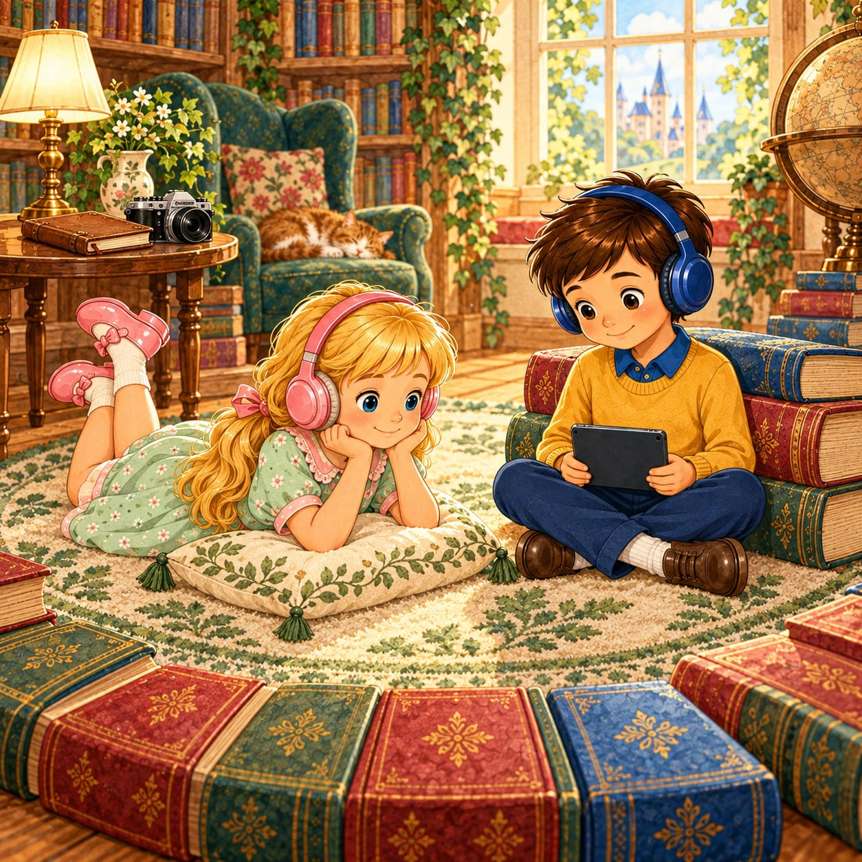 Kasia and Mati listening to stories together in a cozy library room