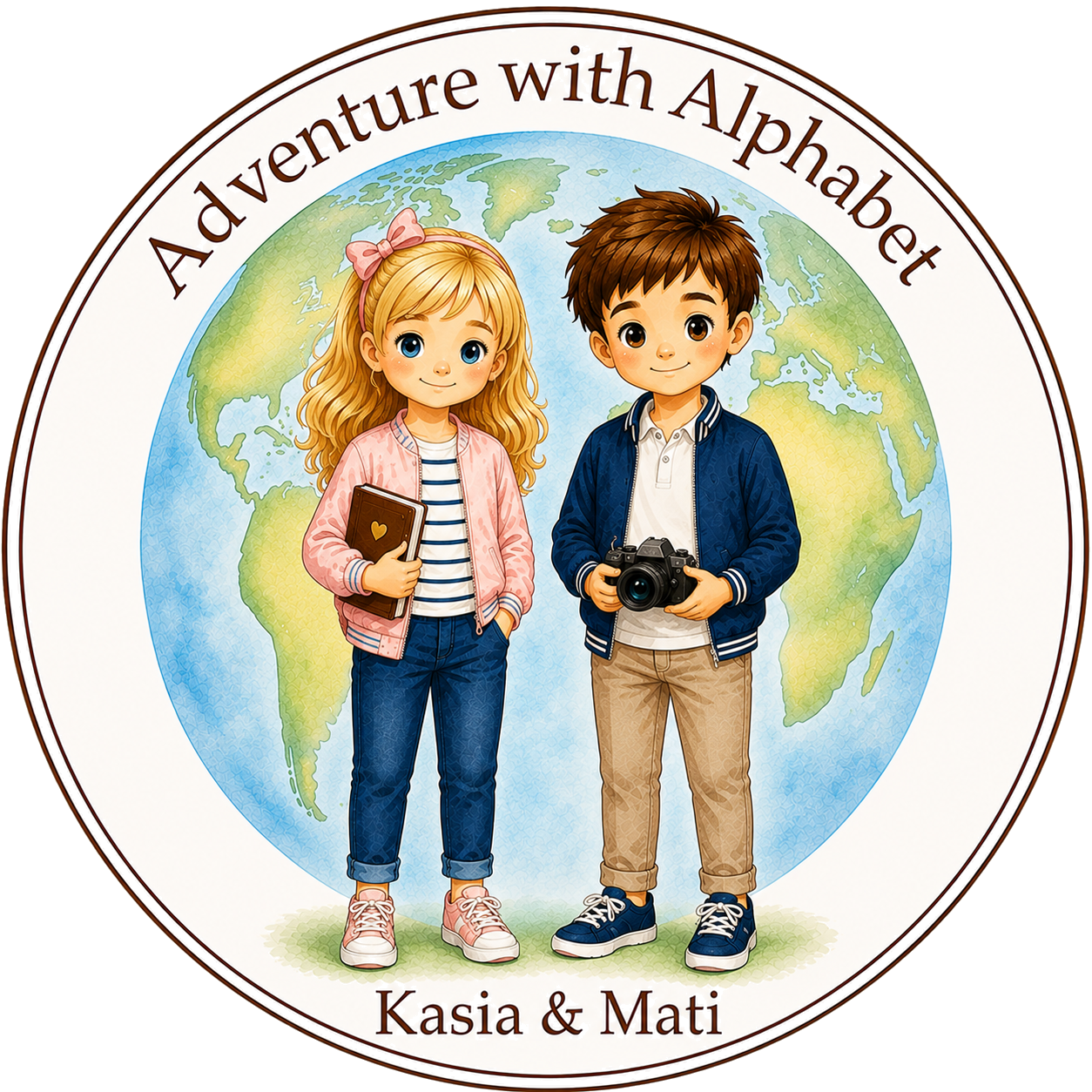 Adventure with Alphabet circular badge featuring Kasia and Mati