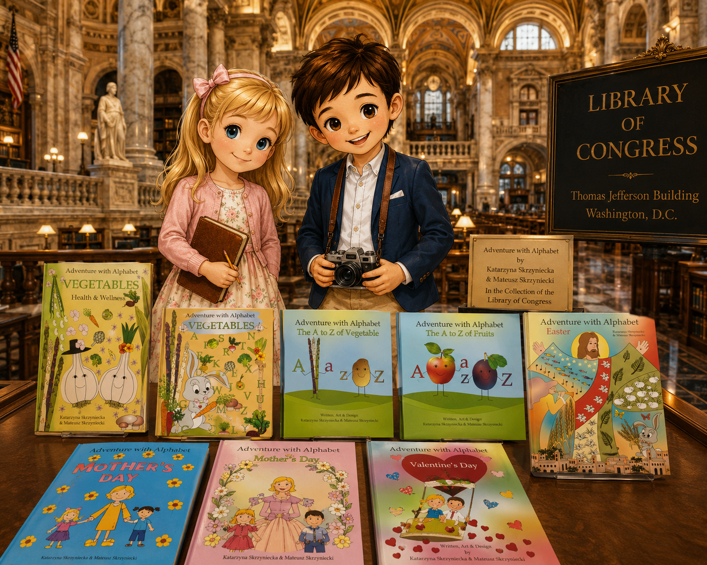 Kasia and Mati with Adventure with Alphabet books in a Library of Congress inspired setting