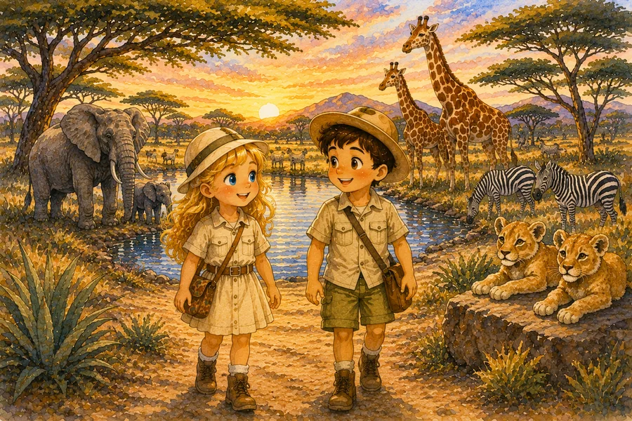 Kasia and Mati on an African safari with elephants, giraffes, zebras, and lions