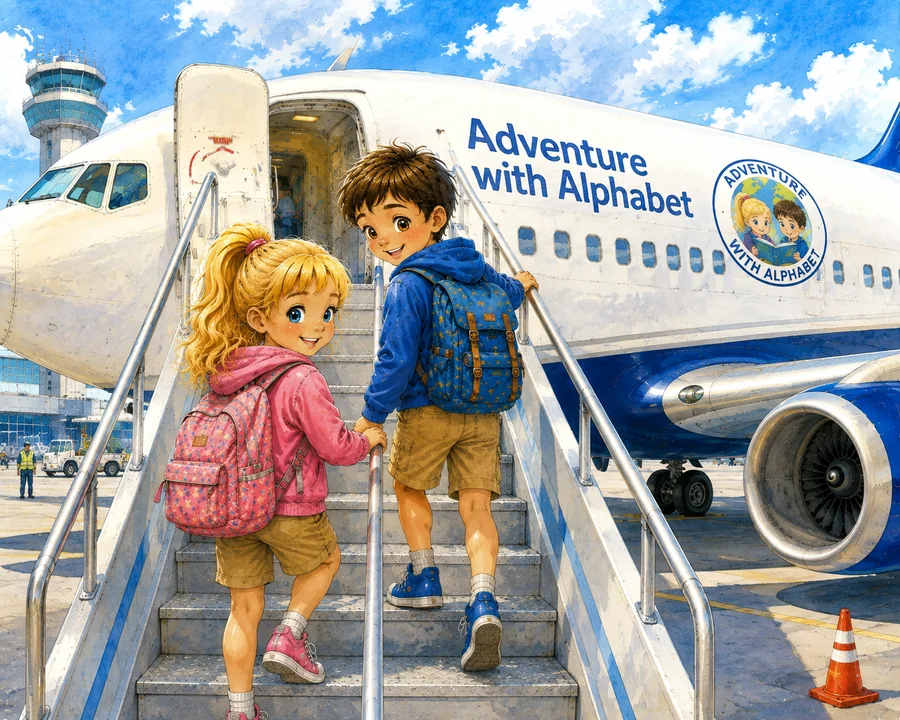 Kasia and Mati boarding an Adventure with Alphabet airplane for their next journey