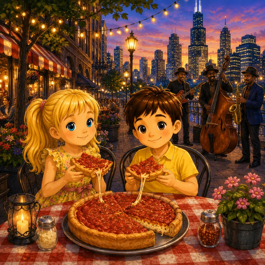 Kasia and Mati enjoying Chicago deep-dish pizza with live jazz by the skyline