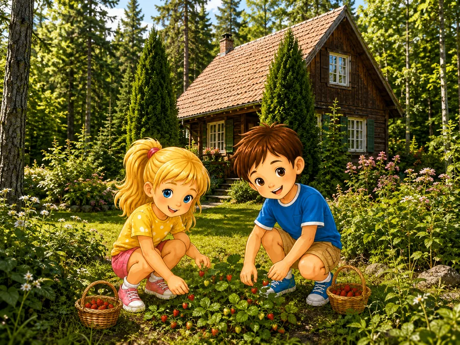 Kasia and Mati picking strawberries beside a forest cottage