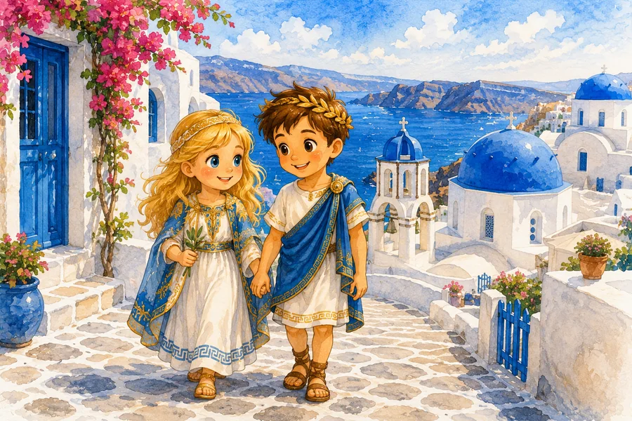 Kasia and Mati exploring Santorini, Greece beside the Aegean Sea