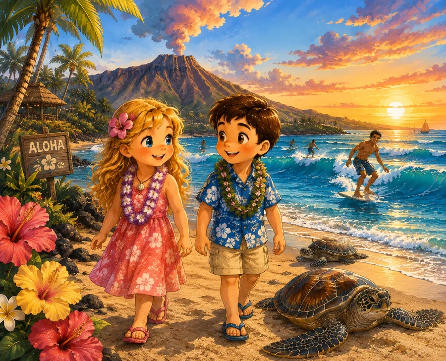 Kasia and Mati exploring Hawaii with sea turtles, surfing, and a volcanic landscape
