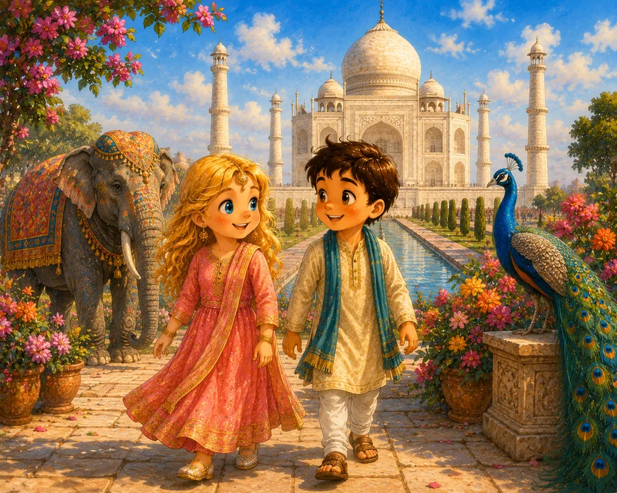 Kasia and Mati exploring India at the Taj Mahal with an elephant and peacock