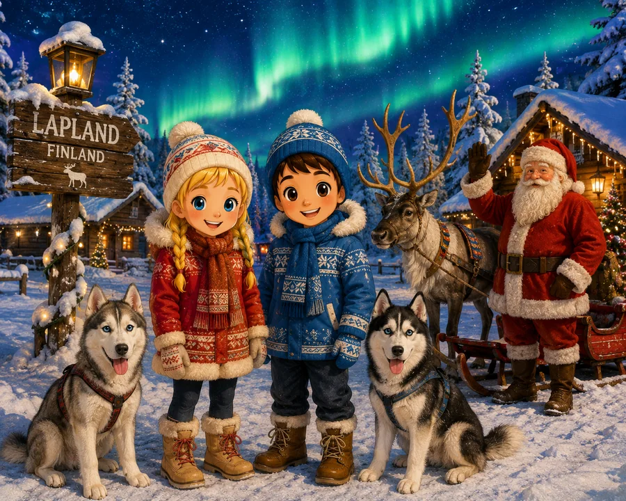 Kasia and Mati exploring snowy Lapland, Finland under the northern lights