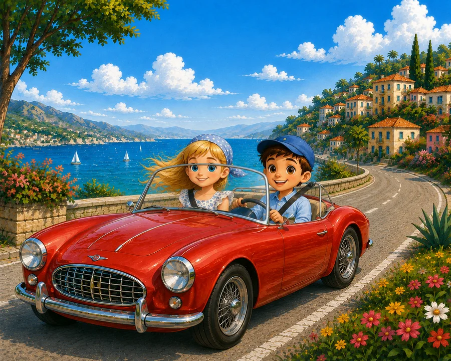 Kasia and Mati exploring a Mediterranean coastal road in a red convertible
