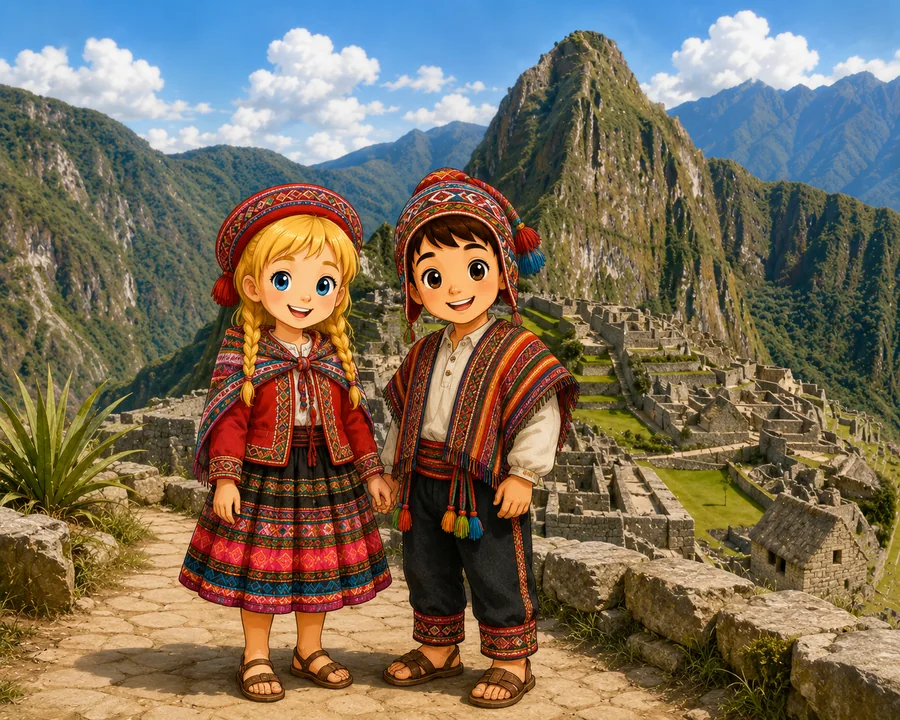 Kasia and Mati exploring Machu Picchu, Peru in traditional Andean clothing