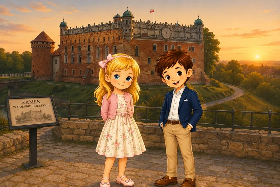 Kasia and Mati visiting Golub-Dobrzyn Castle in Poland at sunset