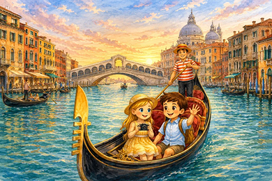 Kasia and Mati riding a gondola through Venice at sunset