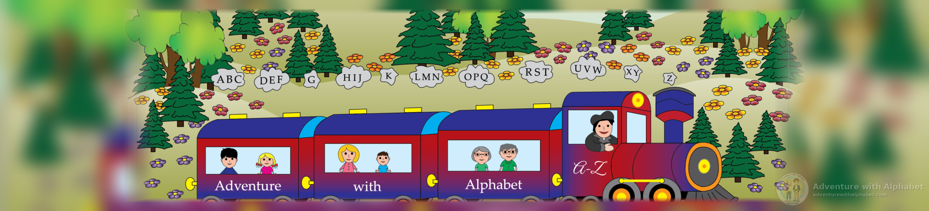 Adventure with Alphabet train traveling through a colorful alphabet forest